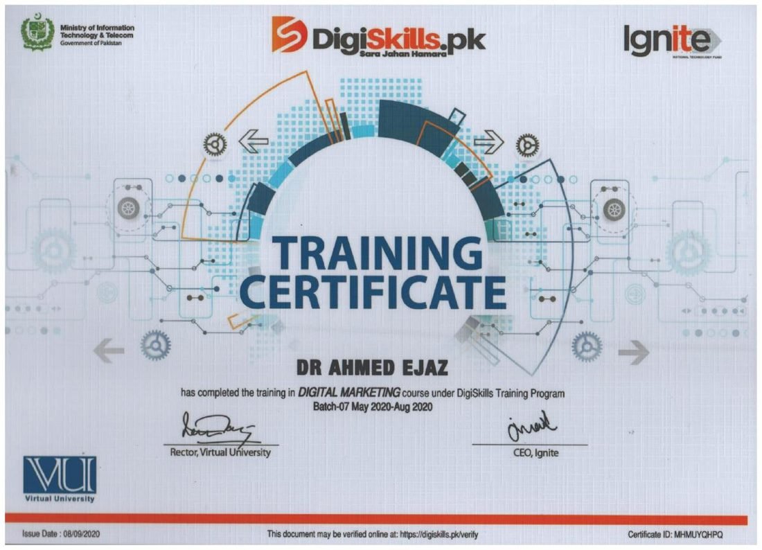 Digital Marketing, DigiSkills Training Program, Virtual University of Pakistan, 2020