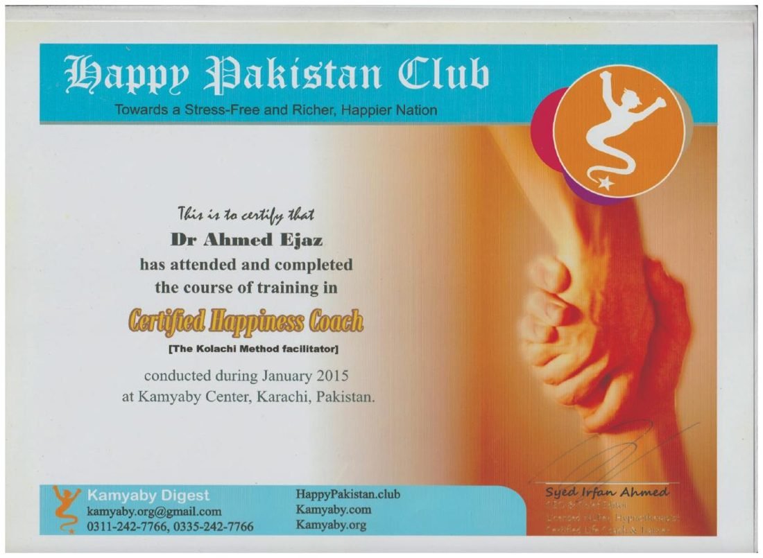 Certified Happiness Coach, Happy Pakistan Club, Kamyaby Center, Karachi, January 2015