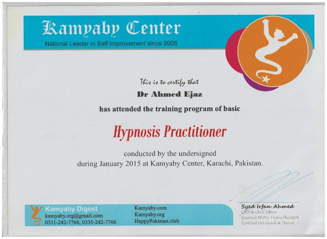 Hypnosis Practitioner, Kamyaby Center, Karachi, January 2015